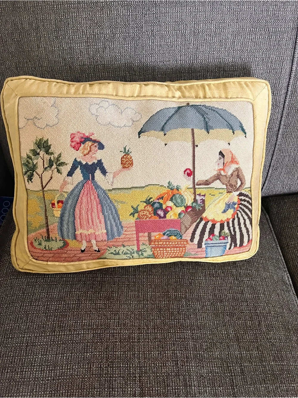 Vintage Tapestry Needlepoint Decorative Pillow - Yellow Border